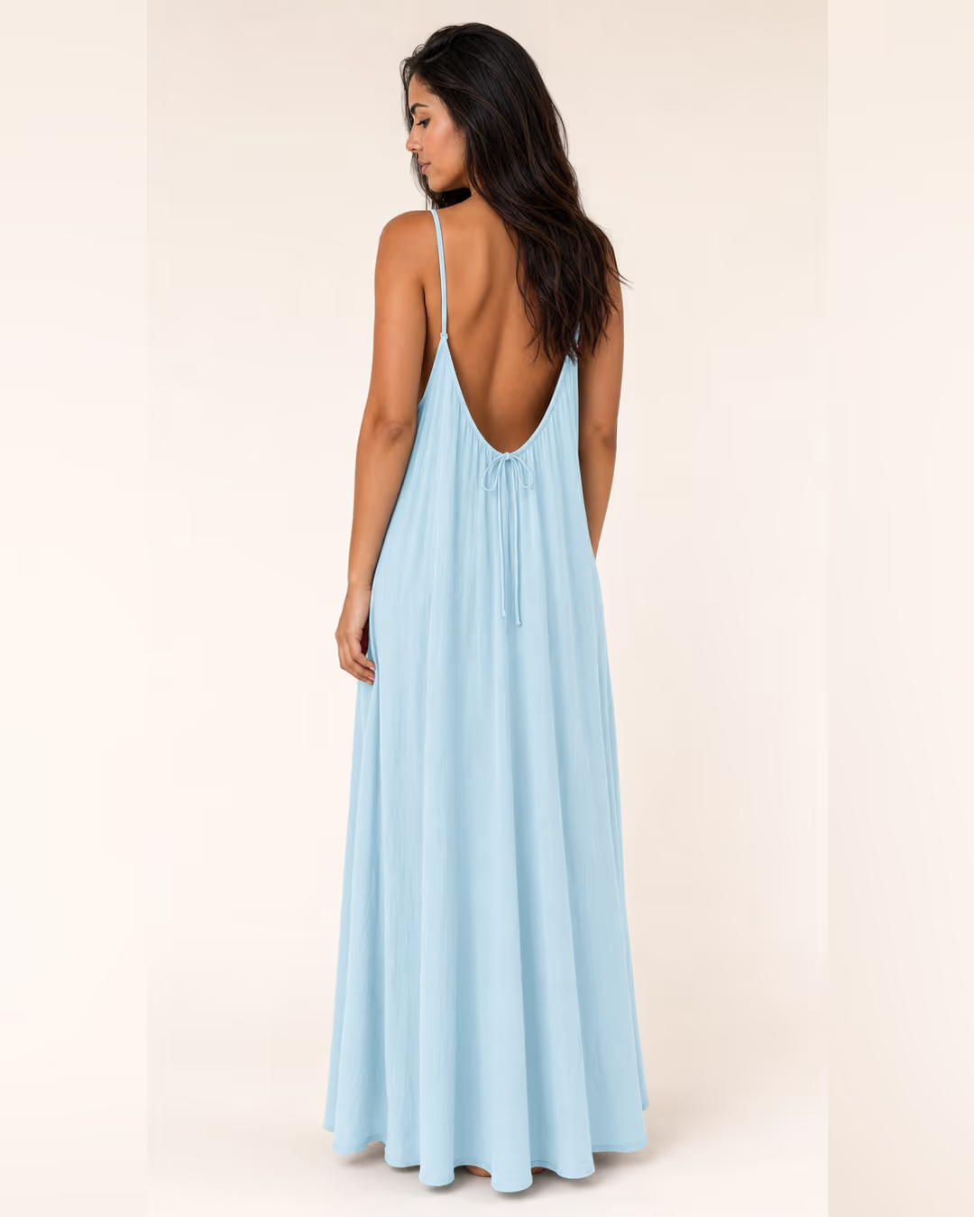 Vestido Sienna espalda al aire Azul cielo versión larga, espalda con lazo ajustable