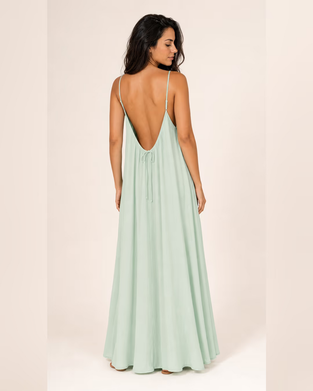 Vestido Sienna espalda al aire Menta versión larga, espalda con lazo ajustable