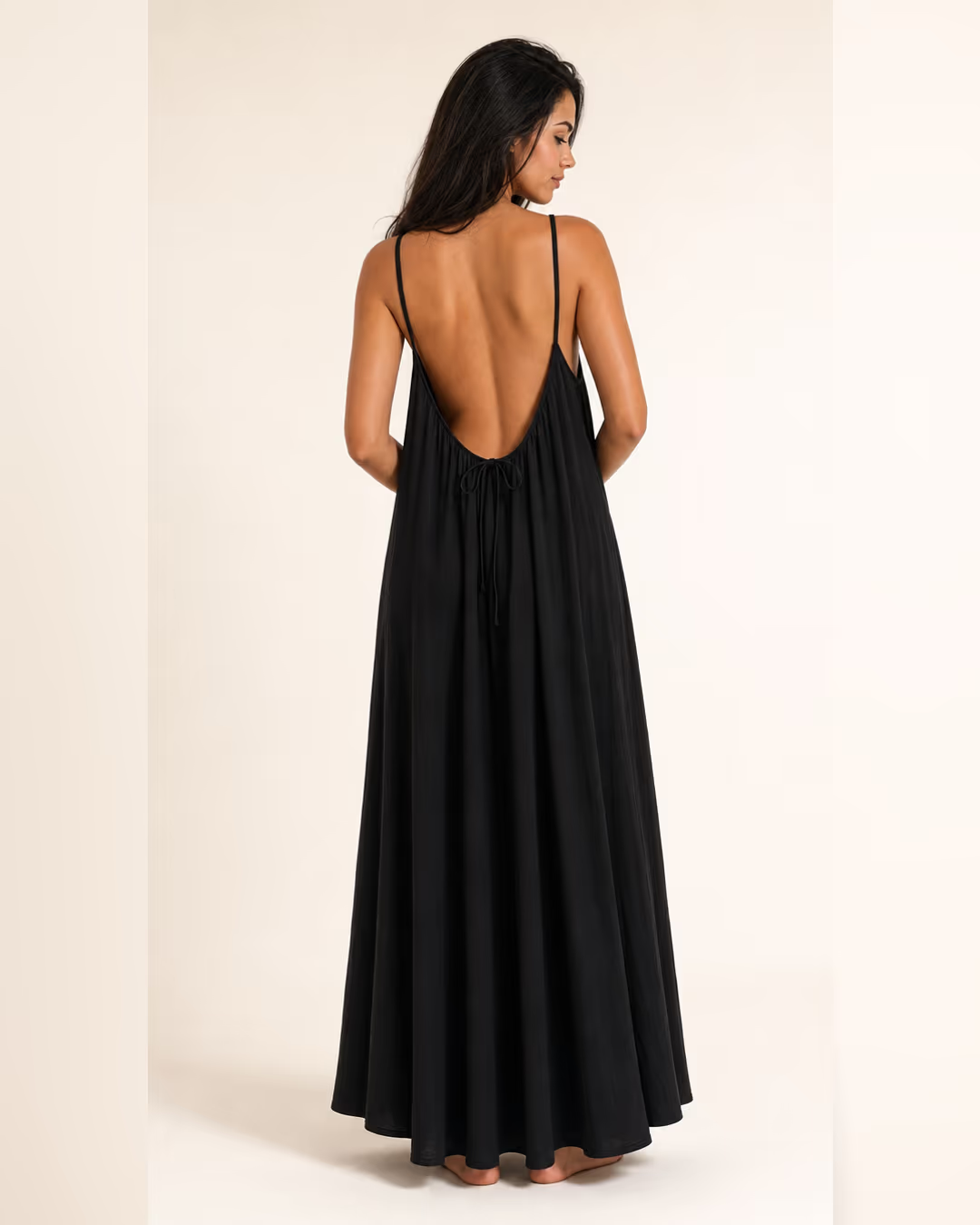 Vestido Sienna espalda al aire Negro versión larga, espalda con lazo ajustable